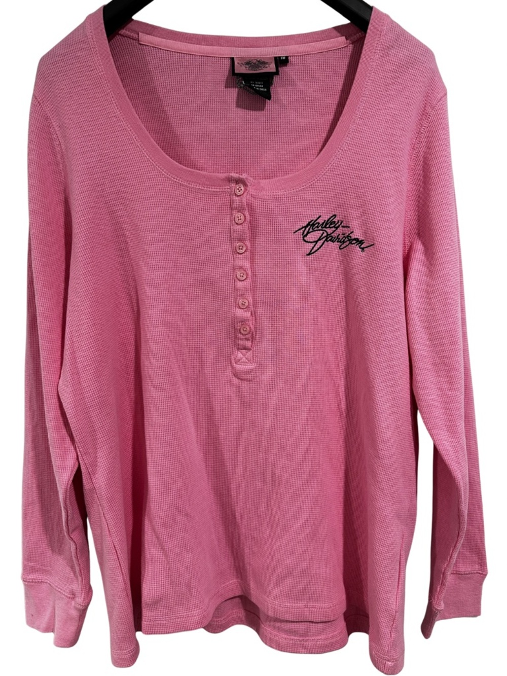 Harley Davidson Pink Label Waffle Knit Henley Top 1W Plus Size Logo Cotton